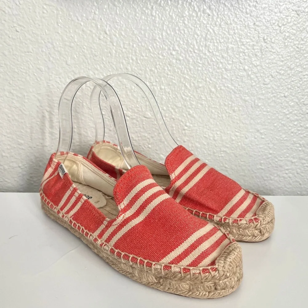 Soludoes Espadrille Slip On Coral White Striped Canvas Shoes Size 6